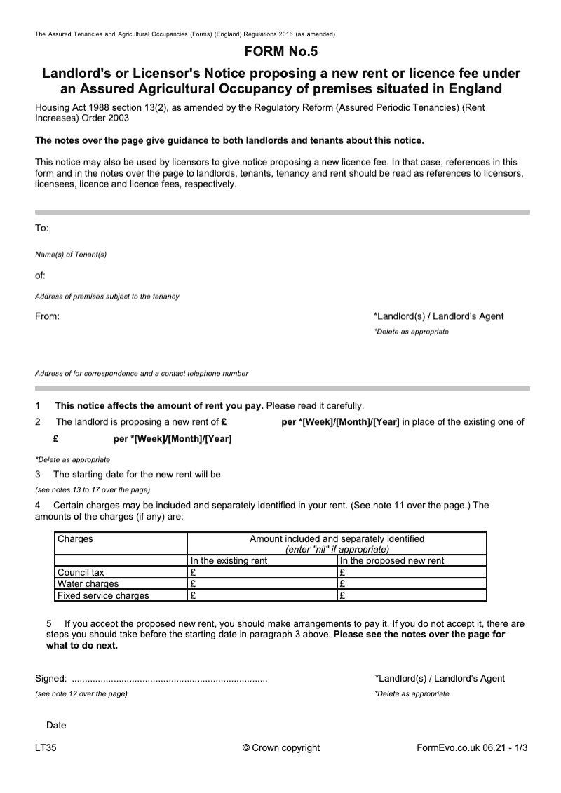 LT35 Landlord s or Licensor s Notice proposing a new rent or license fee under an Assured Agricultural Occupancy of premises situated in England form 5 [LTA4C HA33C] preview